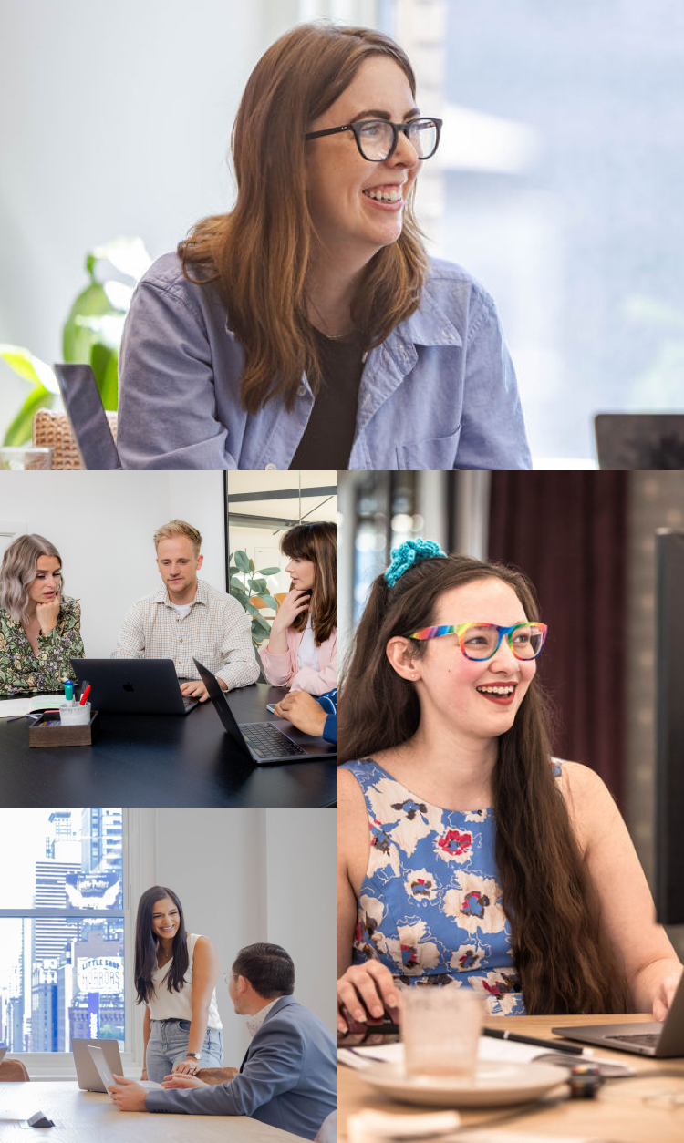 Grid of images featuring a man sitting at a desk, a woman on a video call, a woman holding a dog, and two women collaborating